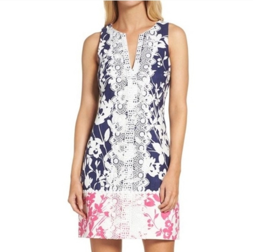 Eliza J Sleeveless Cotton Blend Navy Pink Embroidered Sheath Dress Size 8